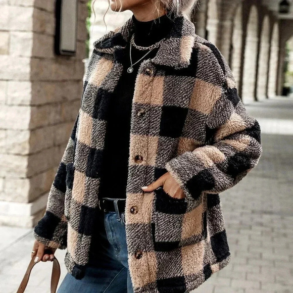 Jackets & Blazers - Multicolor Casual Women's Buffalo Plaid Dual Pocket Drop Shoulder Flannel Coat